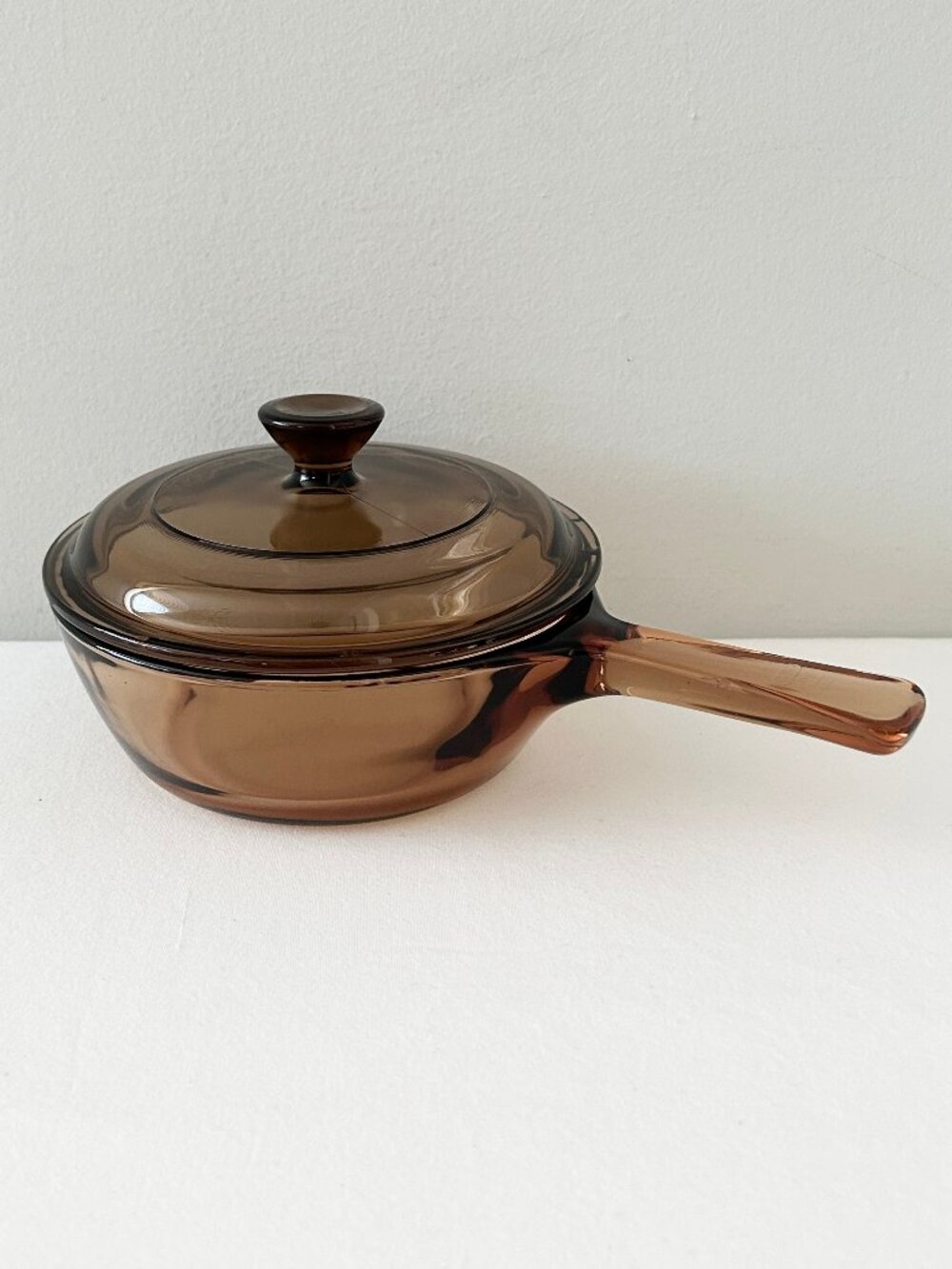 Vintage Corning Visions Amber Glass 0.5 Liter Saucepan with Lid Brown Pyrex USA